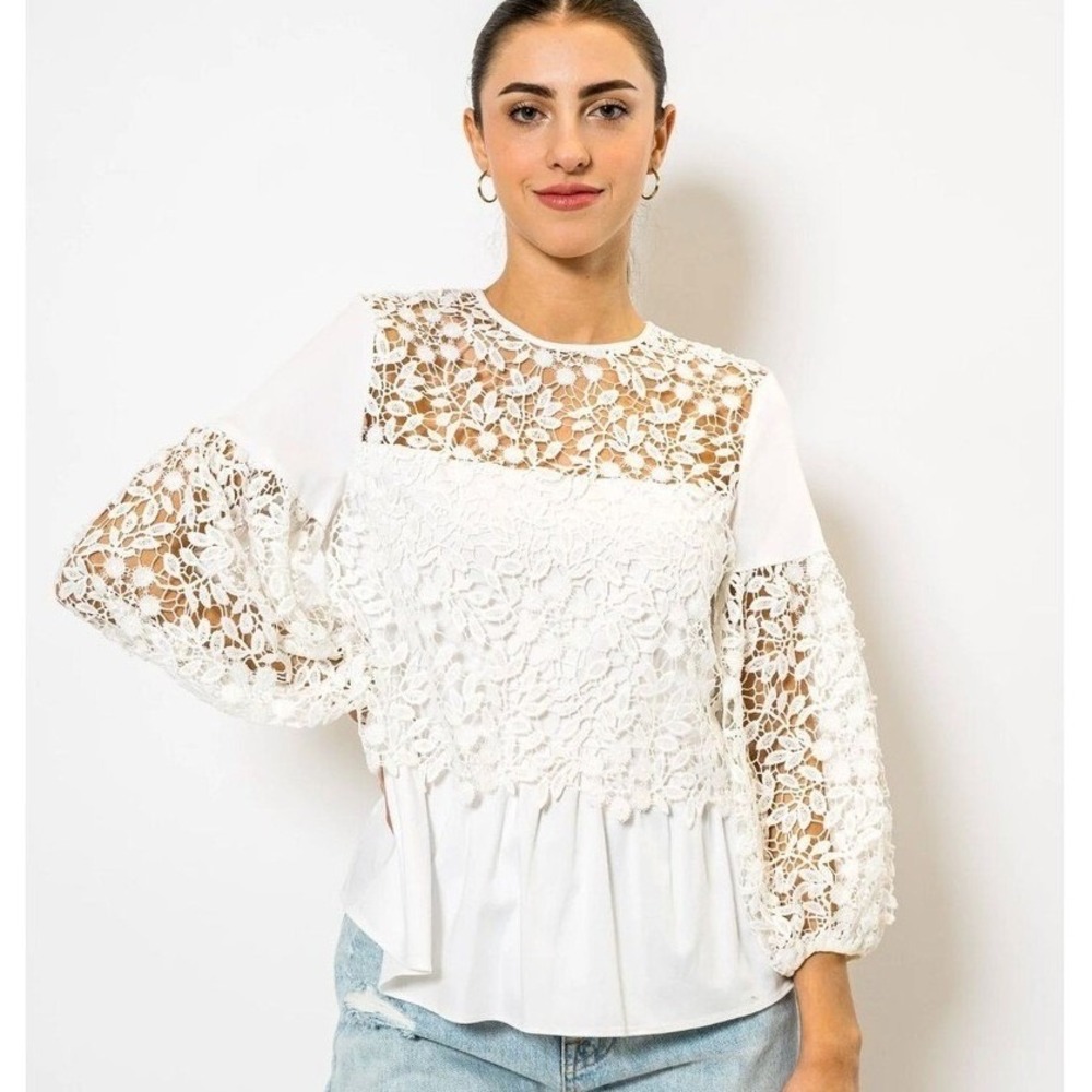 AMUR Mona Lace Peplum Top White Floral Guipure Puff Sleeve Blouse Womens‎ XS